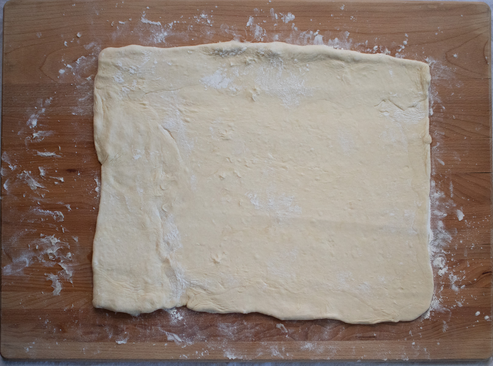 Knish dough rolled out into a rectangle