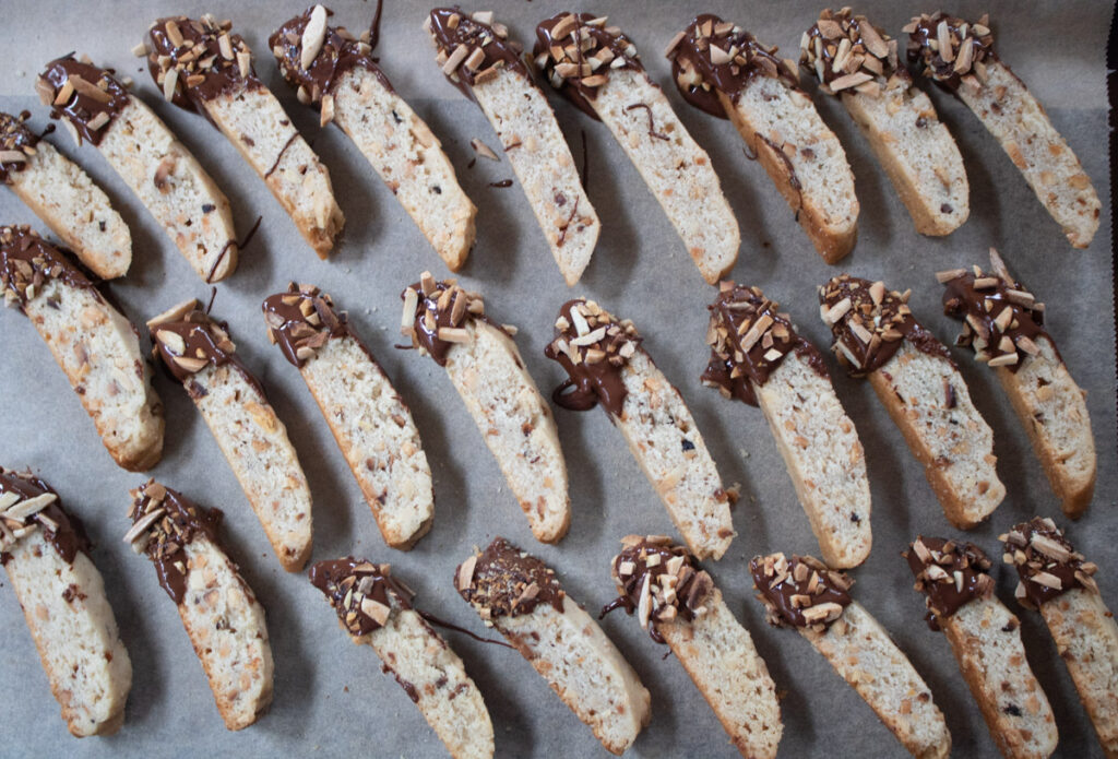 Mandel bread dipped in chocolate with almonds