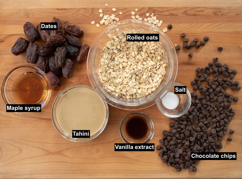 Ingredients for tahini-date bars on board