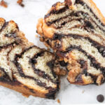two slices of babka with chocolate chips